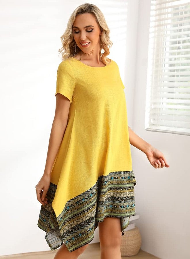 Minibee فستان تونيك قصير الأكمام غير منتظم من القطن والكتان من مينيبي للنساء (مقاس متوسط، أصفر) - Image 3